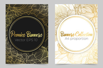 Vector vertical botanical banners with line art gold peonies flower and place for text on black and white background. Floral design for natural cosmetics, perfume, women products. 