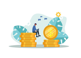 Businessman working on his laptop and earning money. Businessman earning money from online business. Online business concept. Vector illustration