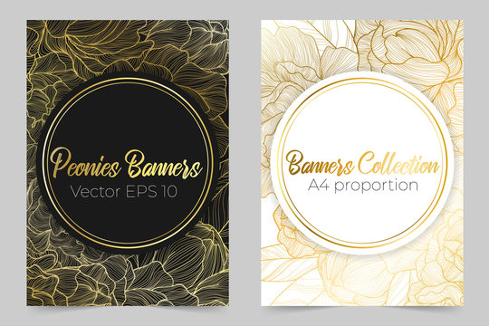 Vector vertical botanical banners with line art gold peonies flower and place for text on black and white background. Floral design for natural cosmetics, perfume, women products. 