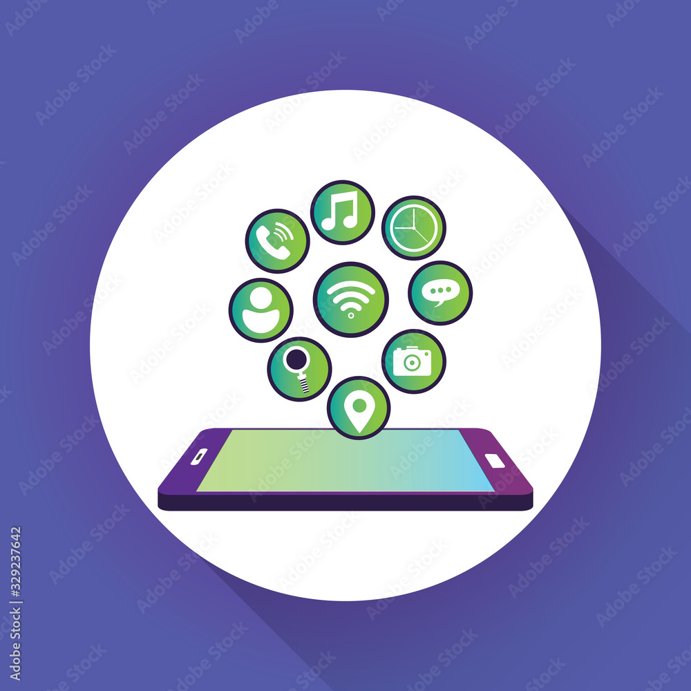 Poster modern smartphone with cloud of mobile apps over it. isometric vector