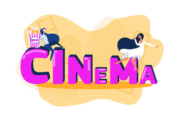 Young Girls Moviegoers Teenagers Wearing Stylish Dresses and 3d Glasses Sitting on Huge Word Cinema with Popcorn. Creative Composition for Poster Design. Cartoon Flat Vector Illustration, Banner, Icon