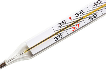 Medical thermometer shows a temperature of 38 degrees. Colds.