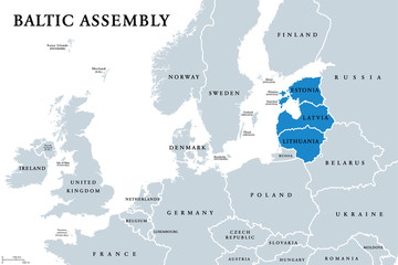 Baltic Assembly (BA) member states political map. Regional organization in Europe promoting intergovernmental cooperation between Estonia, Latvia and Lithuania. English labeling. Illustration. Vector.