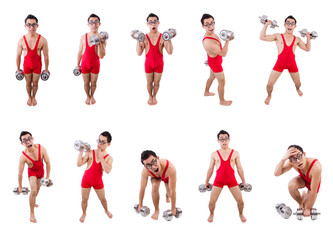 Fototapeta premium Funny guy with dumbbels on white