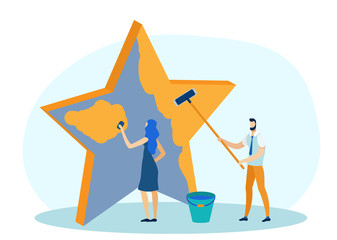 Social Media Marketing Flat Cartoon Vector Illustration. Man and Woman Painting Star. People Holding Brush and Bucket with Color. Rating for Hotel, Restaurant, Mobile. Successful Business.