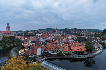 Aerial panoramic view of Cesky Krumlov at dusk, Czech