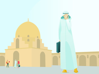 Arab Businessman Standing near Mosque with Mobile Phone and Having Business Call. Muslim Supervisor Male Character in National Clothes Holding Briefcase. Vector Flat Cartoon Illustration