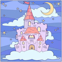 Fairy tale castle in the starry sky. Vector illustration for baby clothes, kid print, posters