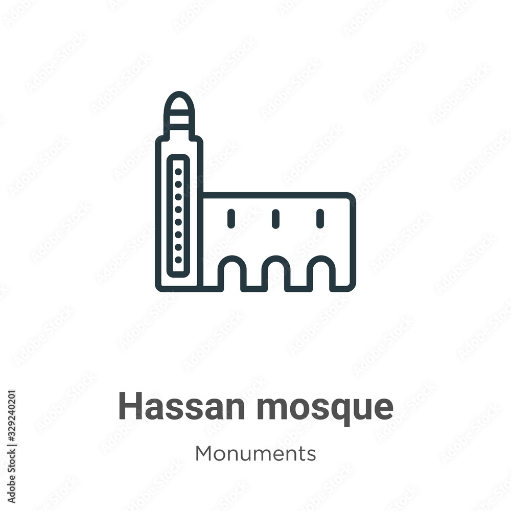 Poster Hassan mosque outline vector icon. Thin line black hassan mosque icon, flat vector simple element illustration from editable monuments concept isolated stroke on white background