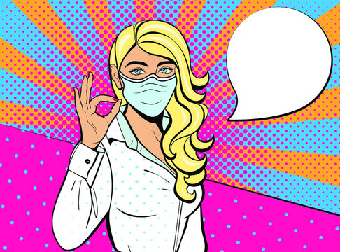 Pop art woman with squinted eyes and in mask. Vector background in comic style retro pop art. Invitation to a party. Face close-up.