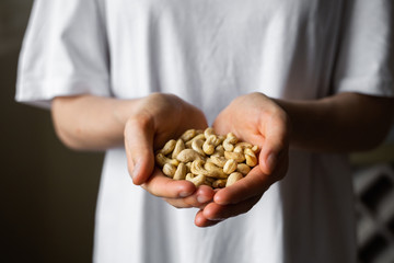 Cashew nuts in a womans hands. Cashew nut is a healthy vegetarian protein and nutritious food. Nuts...
