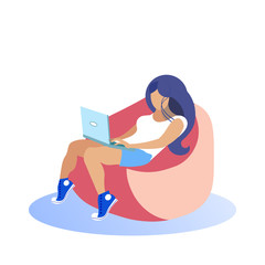 Young Woman in Blue Sneakers Sits on Soft Chair with Laptop. Coworking Center. Spending Time in Internet. Vector Illustration. Communicate Online. Woman in Comfortable Red Chair on White Background.