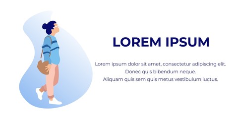 Woman on White Background in Exhibition Center. Vector Illustration . White Background and Text. Walk Through Museum. Backpack in Hand. Clothes Pastel Tones. Art Gallery. Watch Exclusive Exhibits.