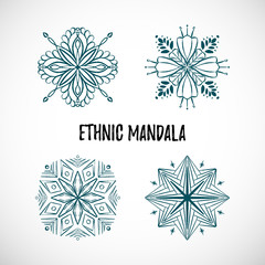 Set of blue mandala icon with text, vector ethnic doodle design.