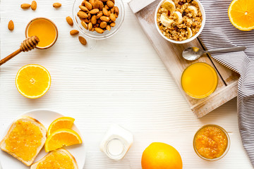 Breakfast with granola mockup on white background top-down copy space