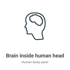 Brain inside human head outline vector icon. Thin line black brain inside human head icon, flat vector simple element illustration from editable human body parts concept isolated stroke on white