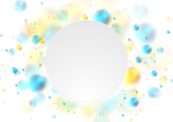 Blue and yellow glowing lights. Shiny bokeh abstract vibrant background. Vector luminous design with white circle
