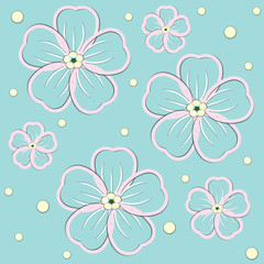 Fototapeta na wymiar Flower pattern in scrapbooking style pink flowers on a blue background with decorative elements, vector illustration
