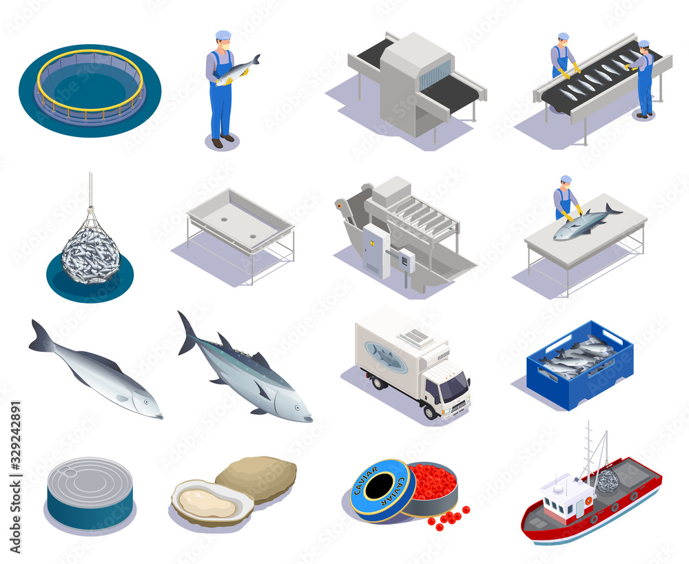 Wall mural fish industry isometric icons