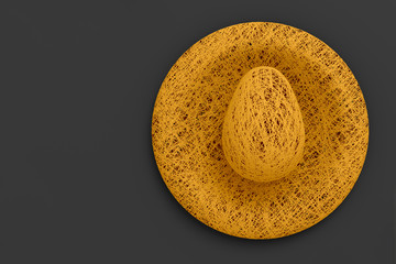 Easter concert. An egg woven from many thin threads lying on a round stand in the shape of a nest on a uniform background. 3D illustration.