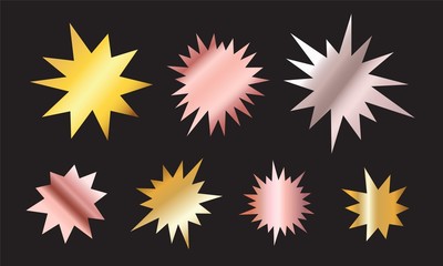 Irregular form sunburst badges set with golden gradient. Metallic starburst isolated for promo flyers and advertising.