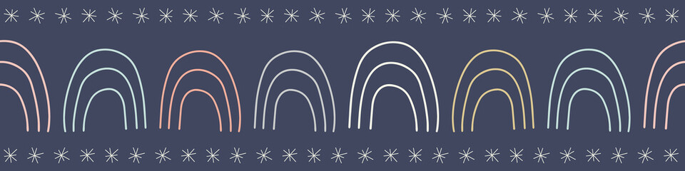 Rainbow and star pattern banner design. Night sky vector seamless repeat.