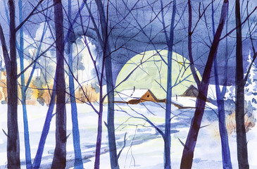 Watercolor illustration of a Russian village in a winter forest at night against a large bright moon