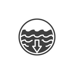 Warning deep water vector icon. filled flat sign for mobile concept and web design. Sea water and arrow down glyph icon. Symbol, logo illustration. Vector graphics