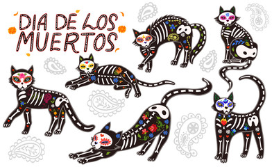 Fototapeta na wymiar Set of cats of the day of the dead isolated on white background lettering in spanish day of the dead. Vector graphics.