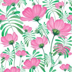 Seamless pattern of watercolor pink flowers with leaves. Abstract design for spa, relax, holiday. Arrangement perfectly for printing design on invitations, cards, wall art and other. Hand painted