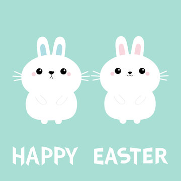 Happy Easter. Two bunny rabbit love couple set. Cute cartoon kawaii funny baby character. Farm animal collection. Long ears. Blue background. Spring greeting card. Isolated. Flat design