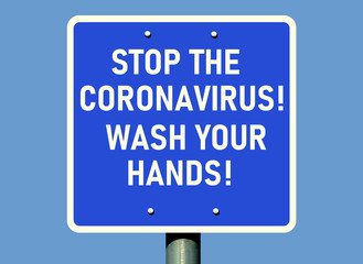 Coronavirus warning label. blue and white sign. infectious disease concept. virus hazard warning,  also called COVID-19. illustration style raster image. blue background.