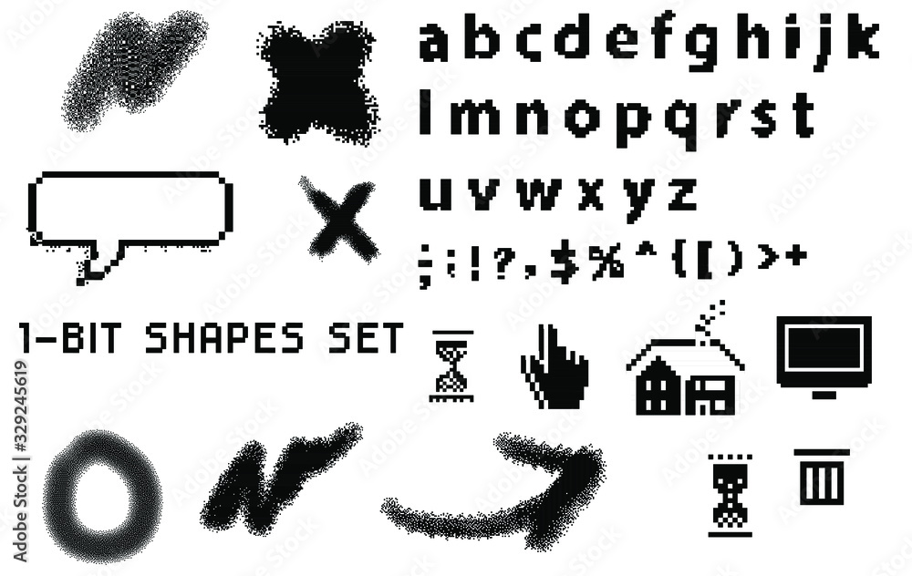 Aufkleber Set of retrowave style elements: pixel typeface and user interface icons.