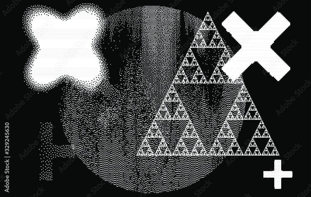 Poster Abstract geometric background with composition of cross and circle in 1-bit pixel art style.