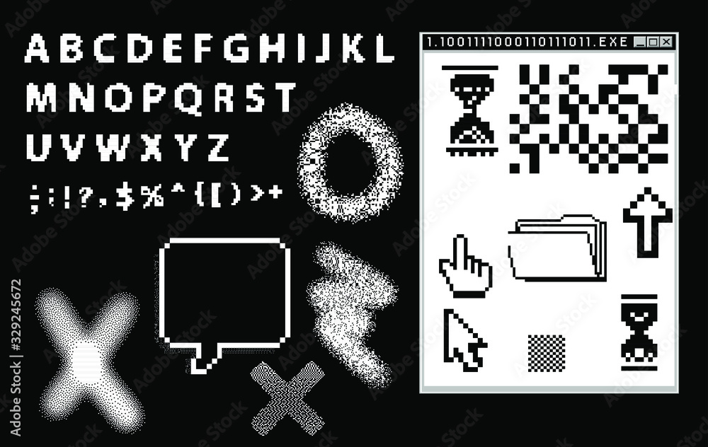 Aufkleber Set of retrowave style elements: pixel typeface and user interface icons.