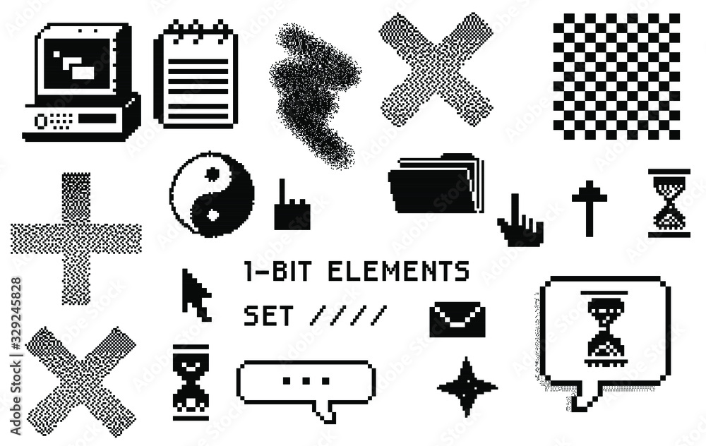 Poster Set of pixel art elements in vaporwave retro 80's style. Geometric shapes and user interface icons.