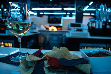 chips, salsa, and wine