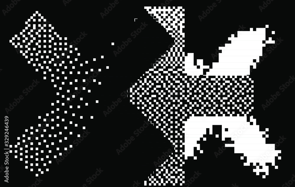 Poster Abstract geometric composition with crosses on dark backgound. Pixel art retro 1-bit style.