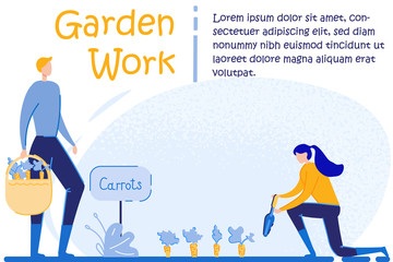 Young Woman Dig Out Carrot from Garden Bed, Man Holding Basket with Harvest. Gardening Work, Harvesting, Farming, Eco Natural Food Producing, Vegetable Crop Cartoon Flat Vector Illustration, Banner