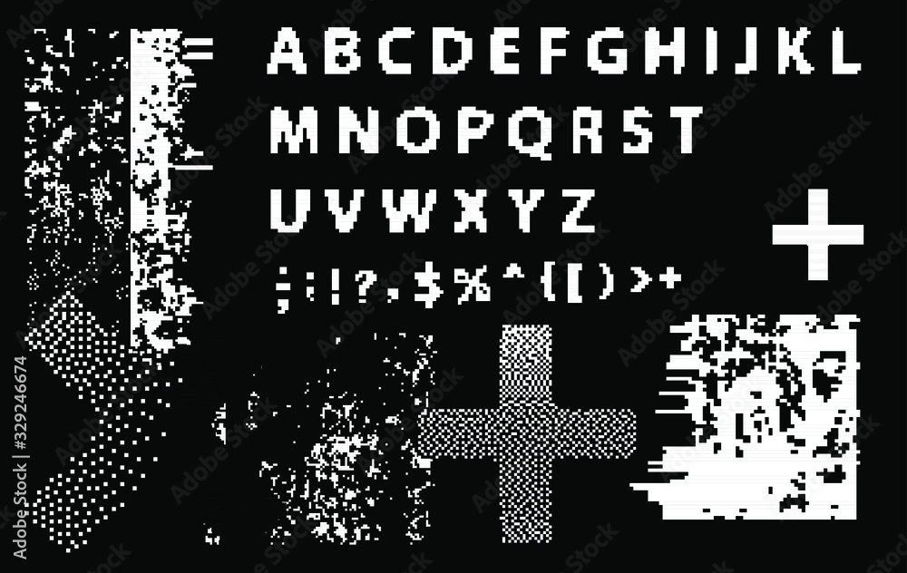 Poster pixel alphabet letters & punctuation marks. modern stylish font or typeface for headline in style of
