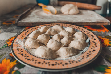 Fototapeta na wymiar Raw dumplings are laid on a prepared plate for further preparation.2020