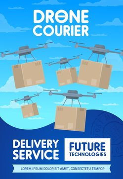 Drone delivery and shipping service poster, cartoon vector copters fly in sky with parcel box shipping package. Future technologies, express delivery drone courier aerial post cargo transportation