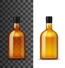 Alcohol drink glass bottle realistic 3d vector mockup. Closed blank bottle with brown liquid of craft beer or brandy, gin, tequila or cognac, rum and scotch, bourbon whiskey beverage