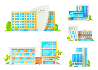 Hotel and motel buildings architecture isolated icons. Luxury apart hotel, city hostel apartments, resort with glass facade, parked cars and palm trees. Cartoon vector hotel buildings - obrazy, fototapety, plakaty