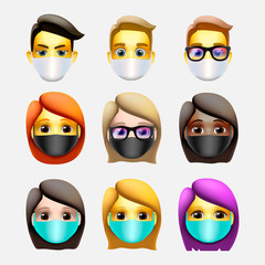 People wearing protective Medical mask for prevent virus Novel Coronavirus 2019-nCoV and air pollution. Emoji style icon. Vector illustration.