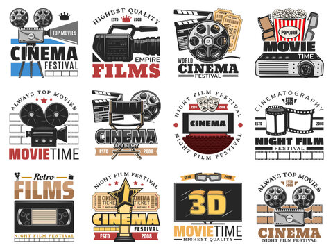 Cinema and movie theater, film making isolated icons vector set. Retro film reel, popcorn and 3d glasses, screen, camera and cinema tickets, director chair and clapperboard, videotape vintage icons