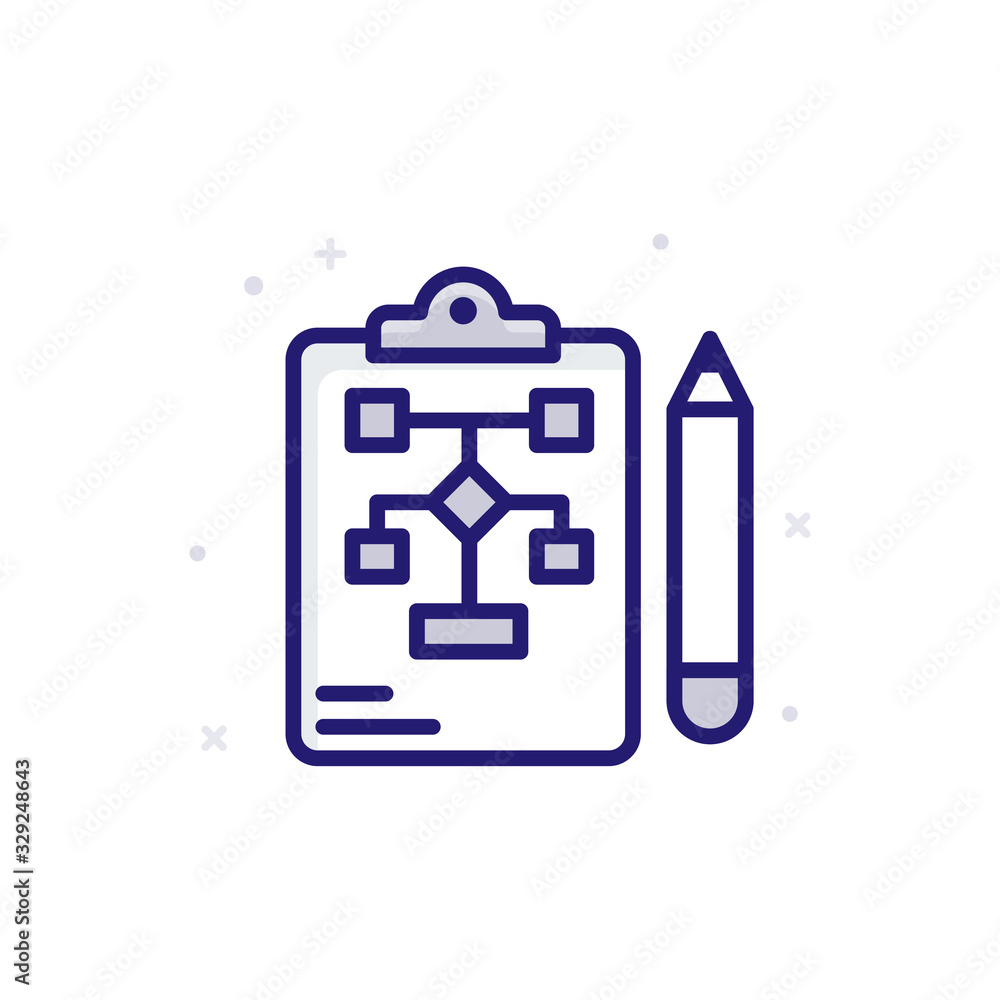 Poster workflow vector illustration outline filled with color background and investment icon.