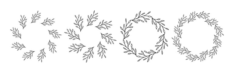 Set of 4 frames with floral elements. Rustic. Hand drawn simple line. Black stroke.