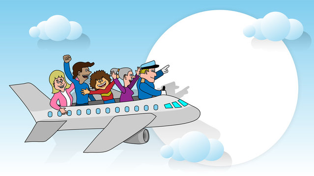 The cartoon illustration picture of a group of people riding an airplane on the blue sky background. ( vector )