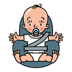 Baby in the car seat with seatbelt. Vector icon